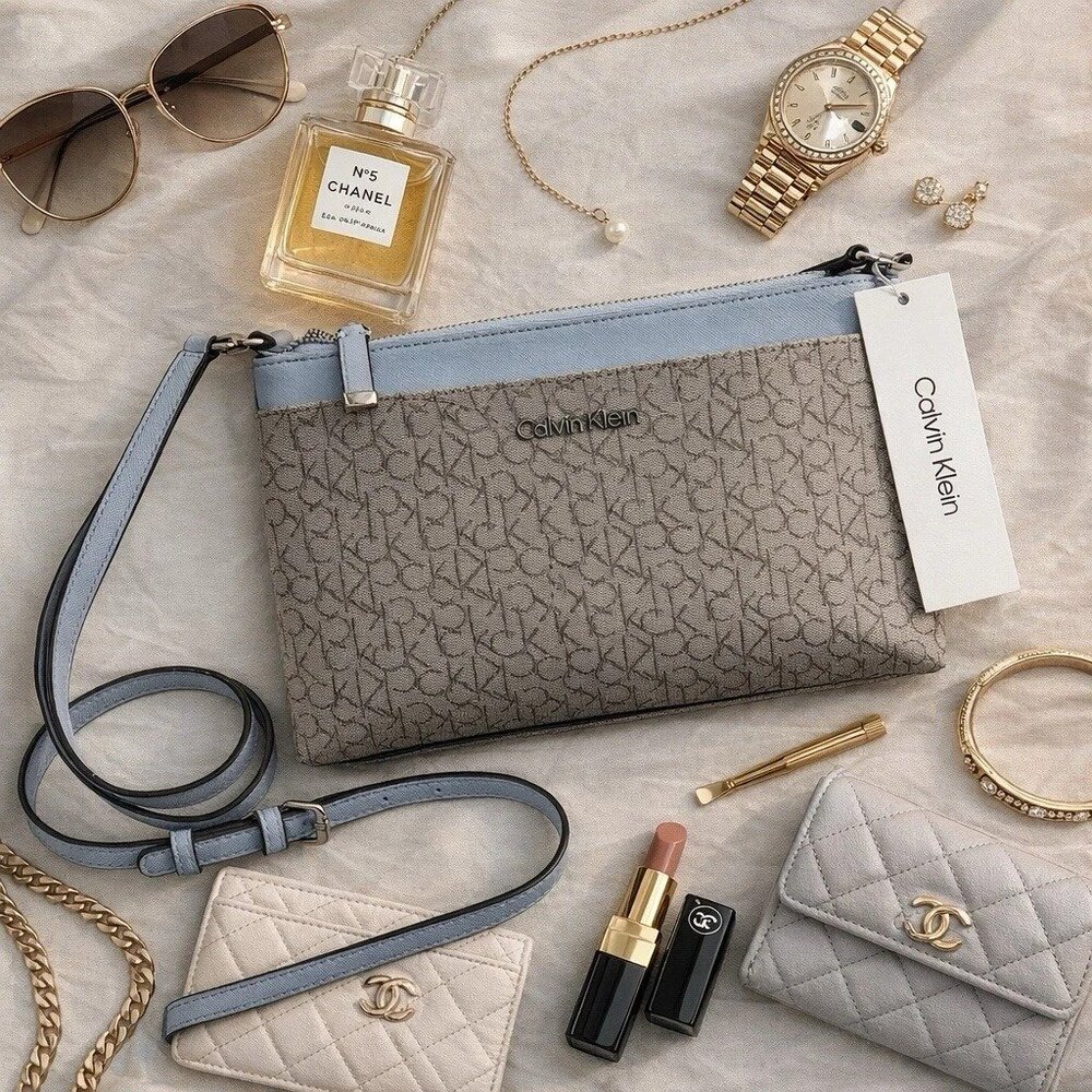 NWT CALVIN KLEIN Monogram CK Taupe Blue Crossbody Hand-Bag Silver Logo H7AEJ2TT